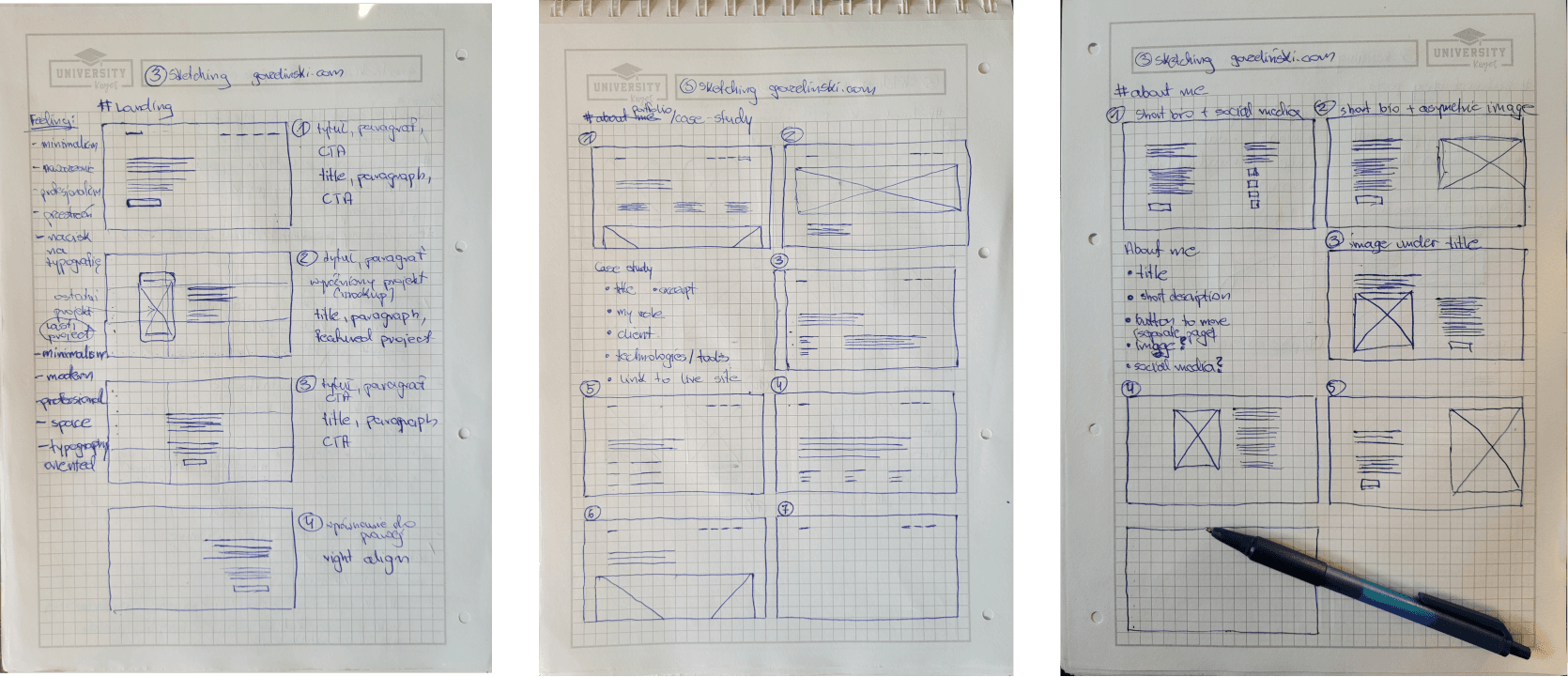 Different section sketches of my website