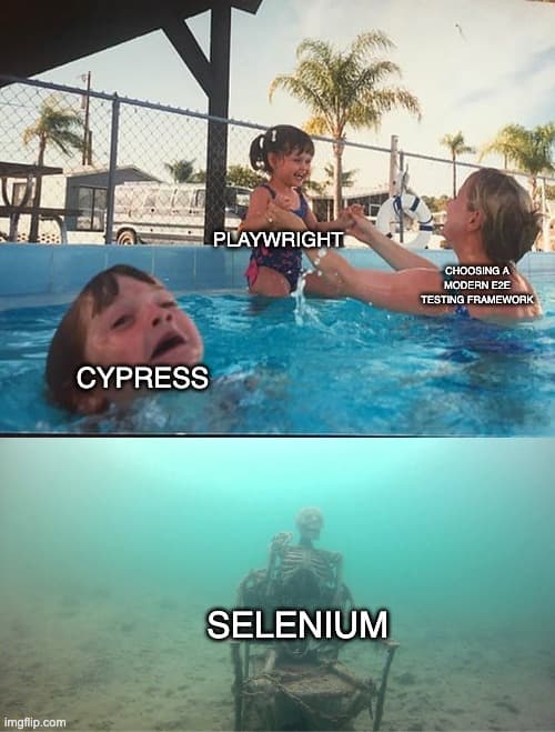 A mom ignoring drowning kid meme. Playwright is chosen. Cypress is drowning. Selenium drowned a long time ago.