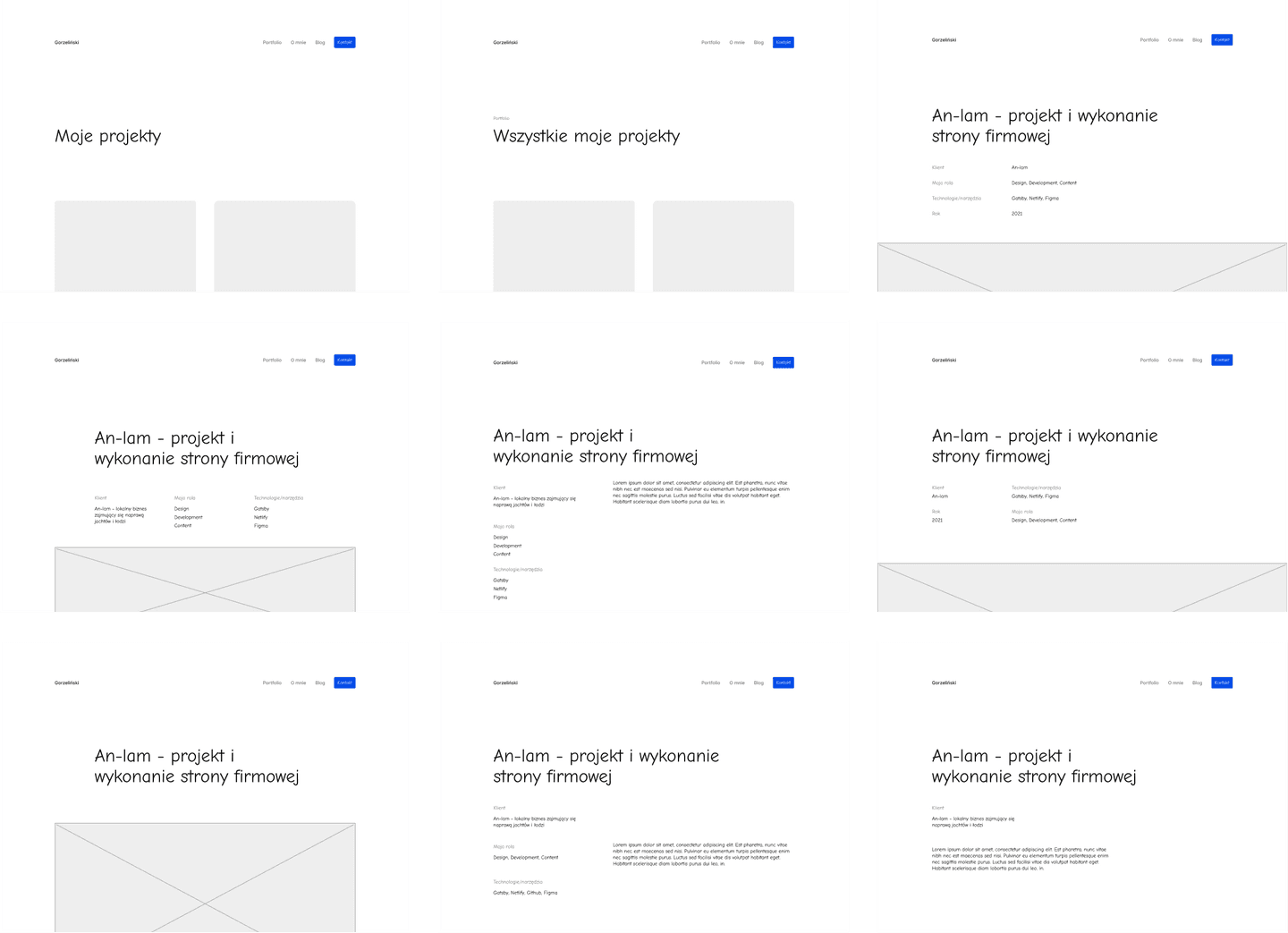 Wireframes of the porfolio page