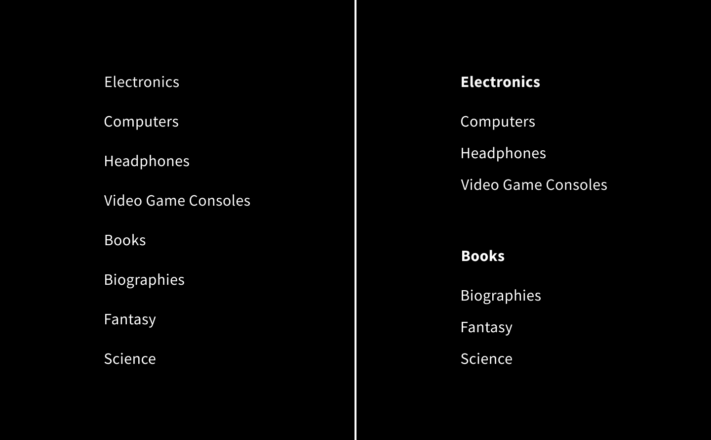 Evenly distributed menu items juxtaposed with grouped menu items