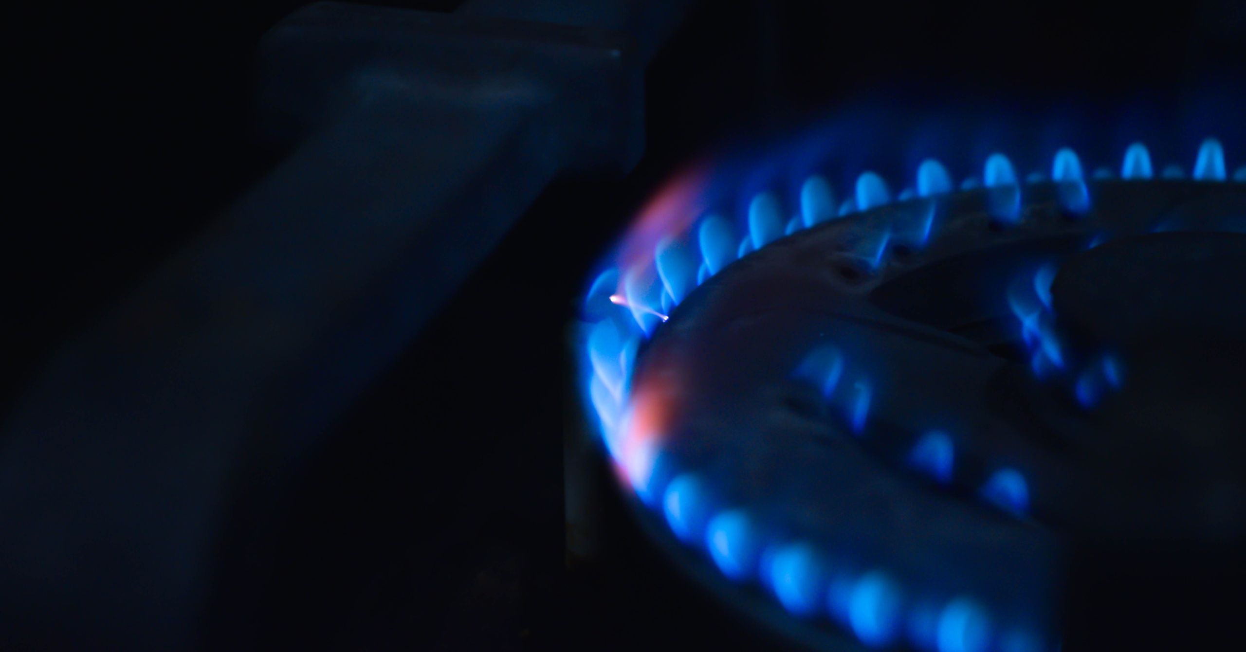 A macro photo of a gas stove burner flaming