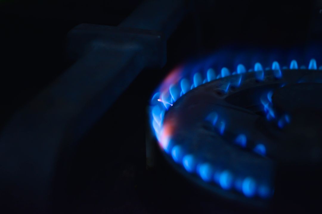 A macro photo of a gas stove burner flaming